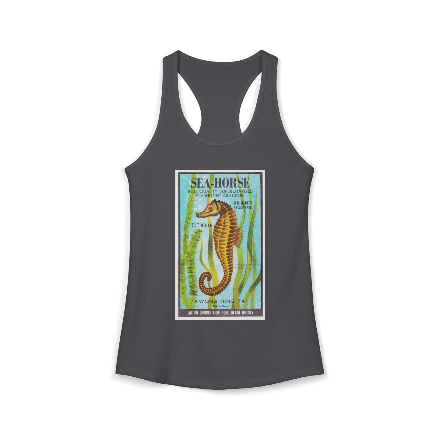 Seahorse Brand Firecrackers racerback tank white — mid-century fireworks packaging art — The Faded Label Co.