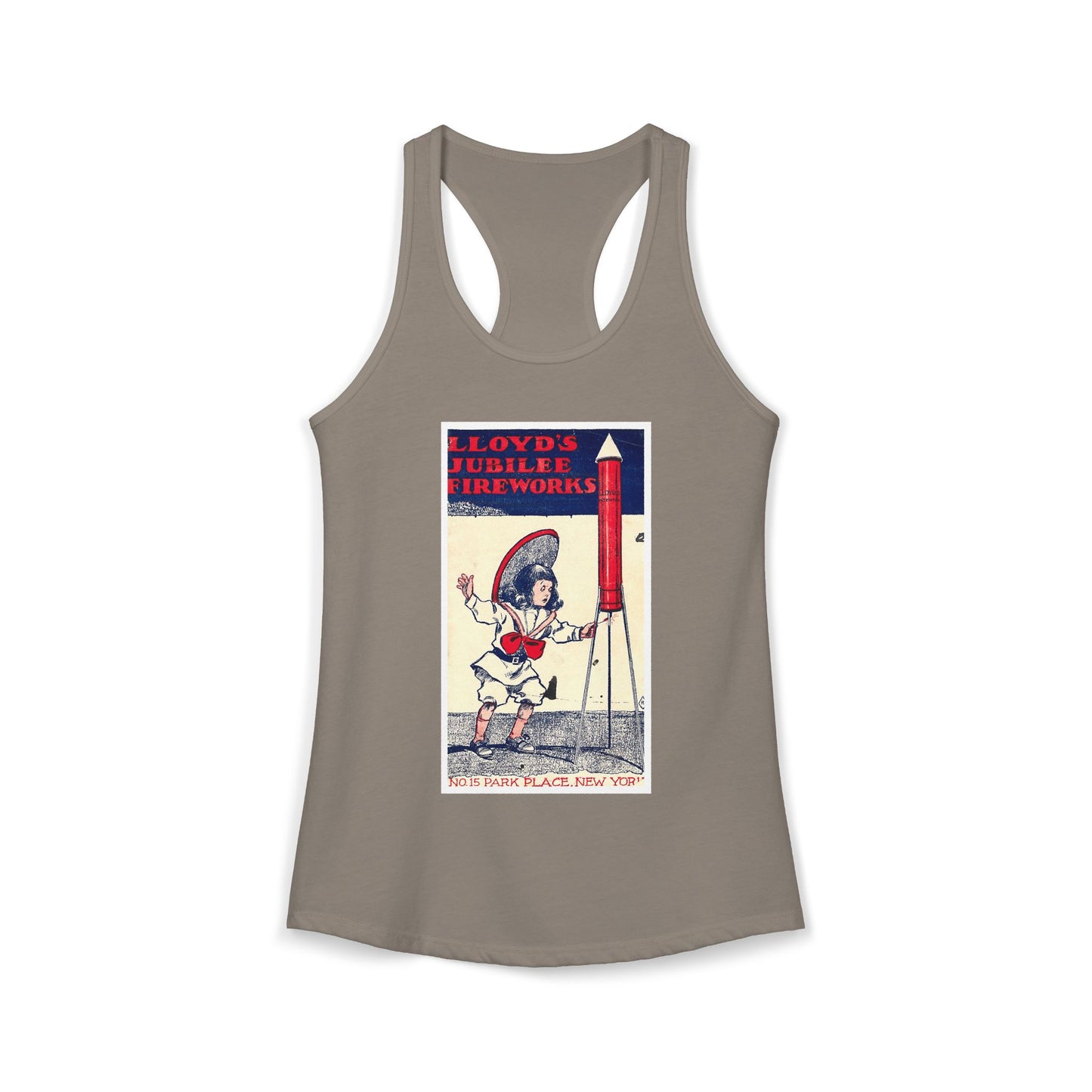 Lloyd's Jubilee Firecrackers racerback tank navy — America's 250th anniversary apparel — The Faded Label Co.