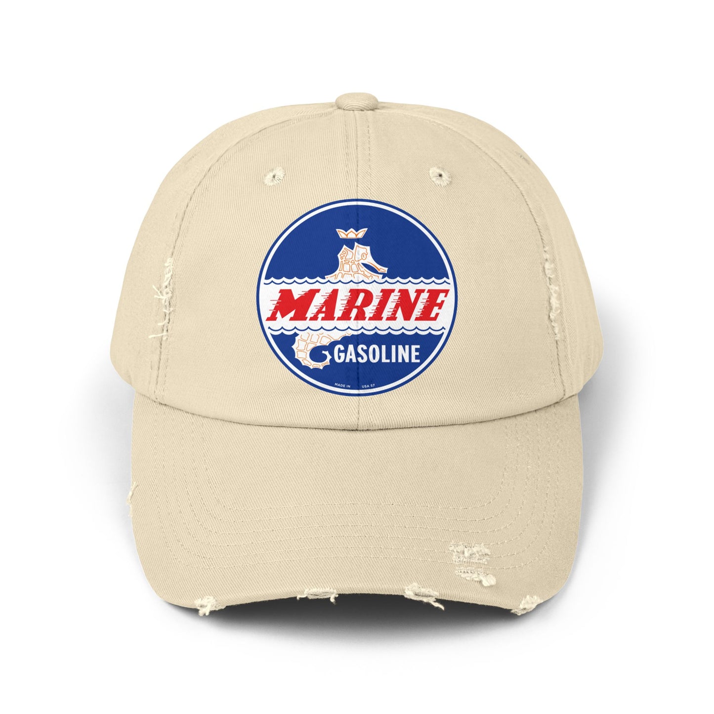 Marine Gasoline Distressed Cap — Vintage Dockside Petroliana Hat | The Faded Label Co.