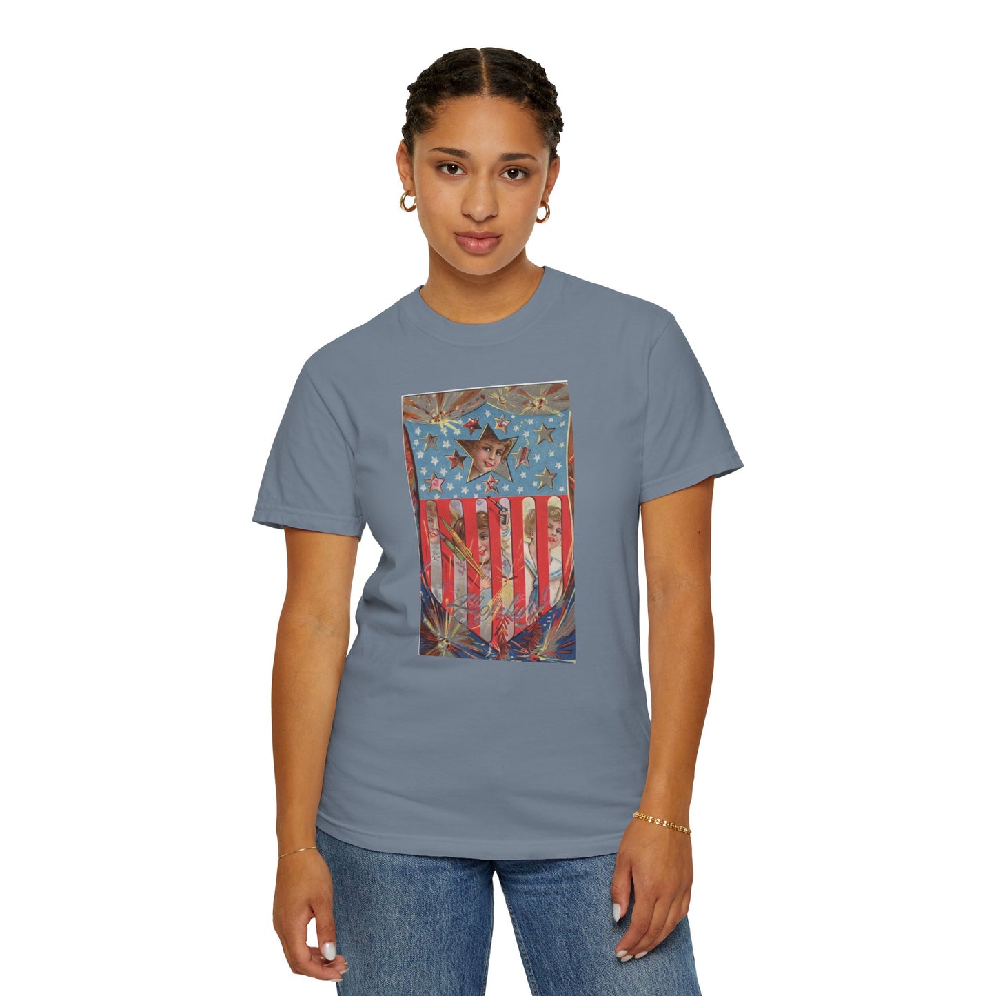 4th of July Shield Girls t-shirt care label — Comfort Colors 1717 vintage tee — The Faded Label Co.