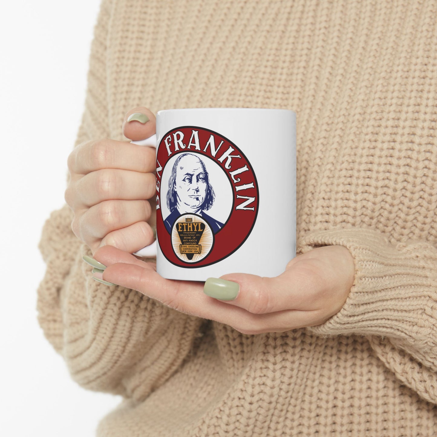 Ben Franklin Gasoline white mug handle detail — vintage Oklahoma oil history — The Faded Label Co.