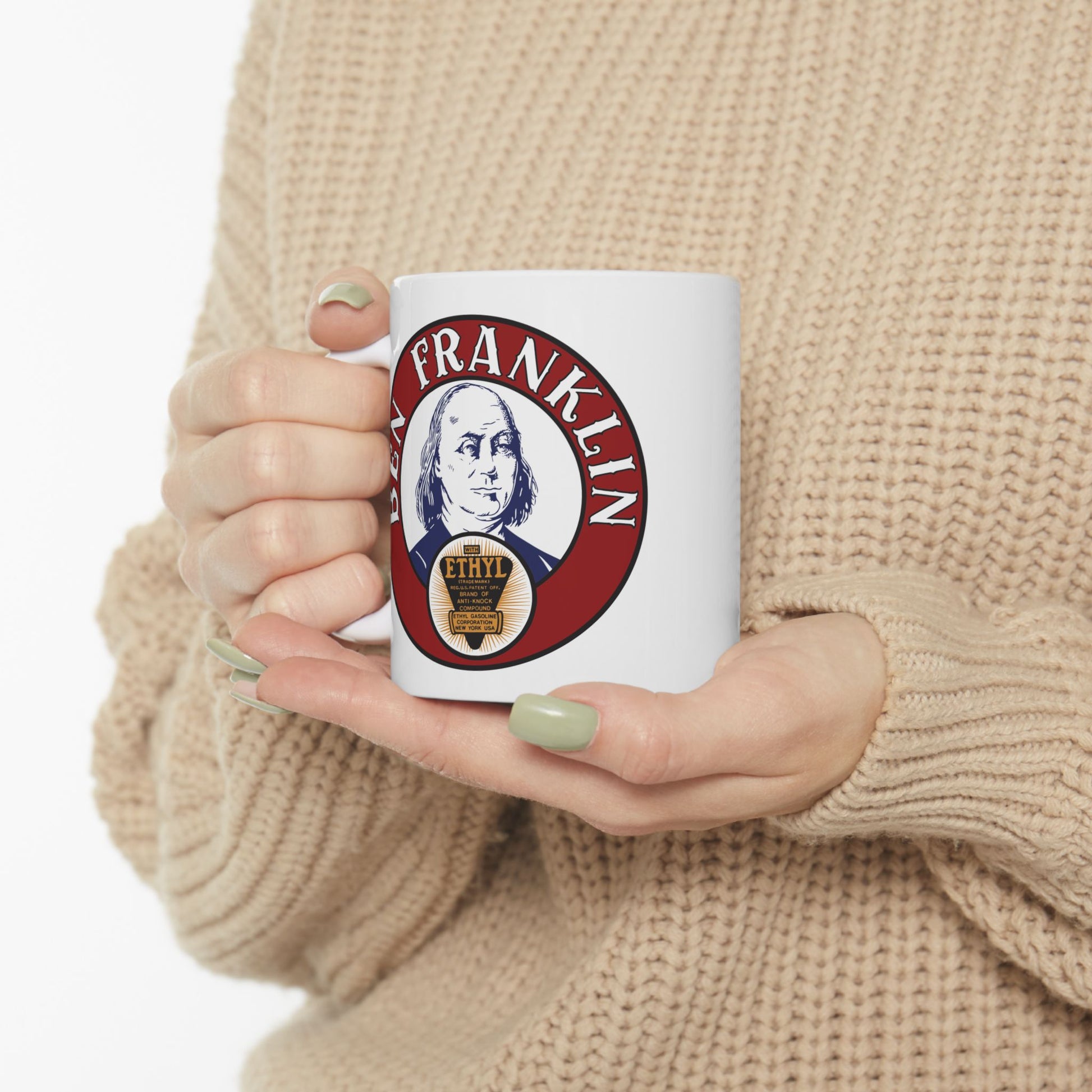 Ben Franklin Gasoline white mug handle detail — vintage Oklahoma oil history — The Faded Label Co.