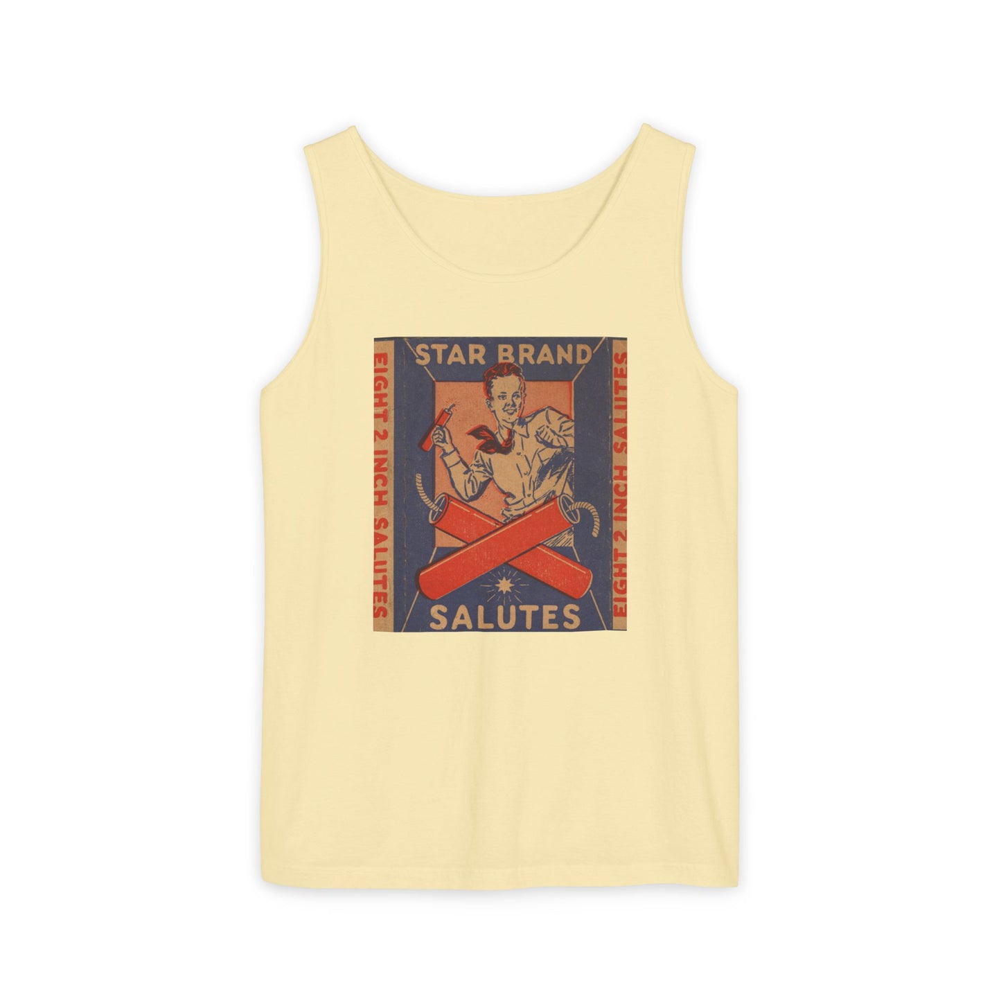 Star Brand Salutes tank top blue jean — vintage fireworks label art — The Faded Label Co.