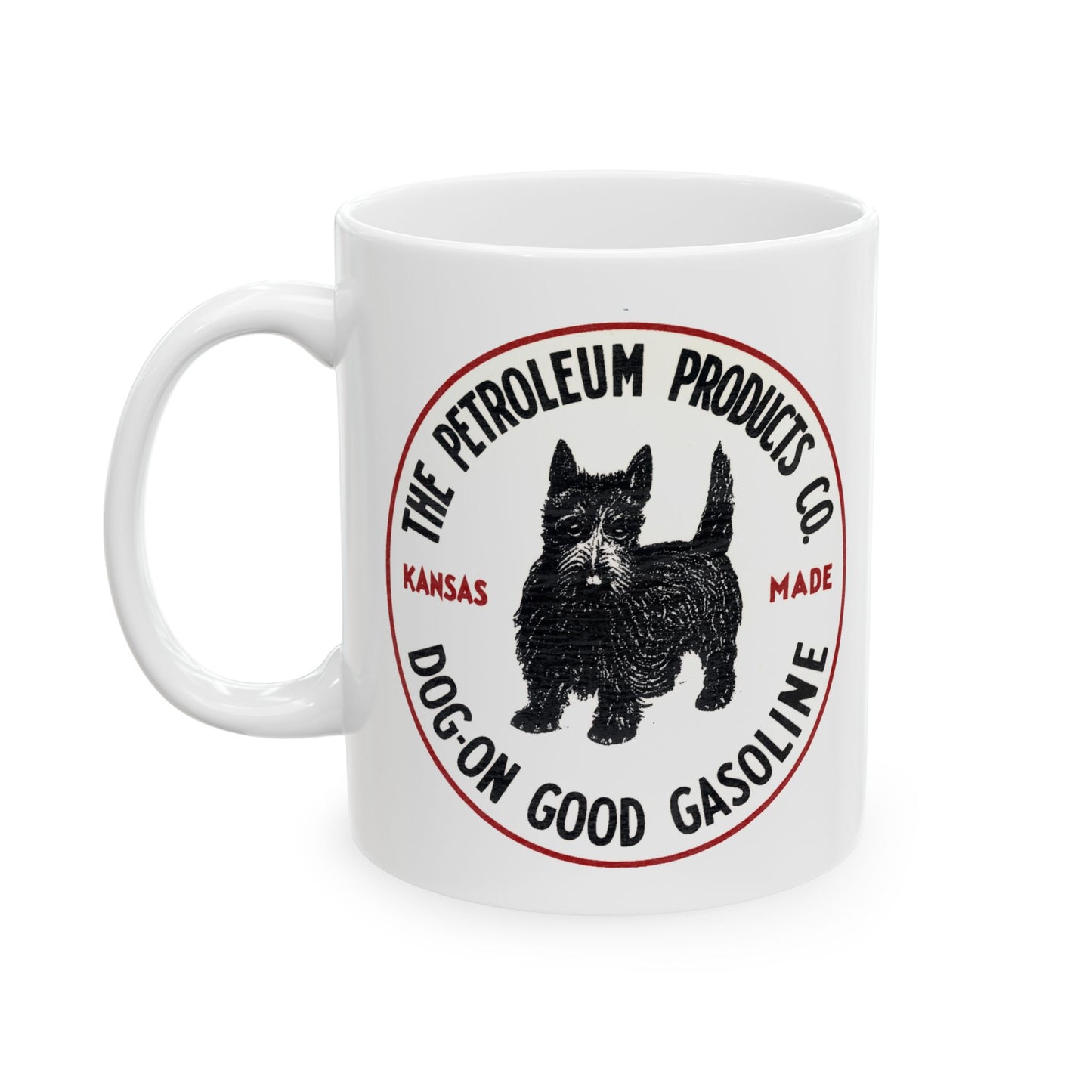 Dog-On Good Gasoline white coffee mug side view — Kansas petroleum brand — The Faded Label Co.