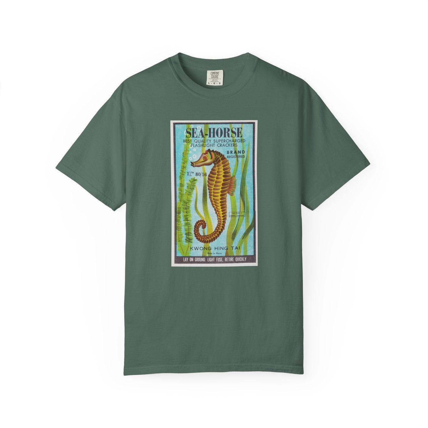 Seahorse Brand Firecrackers t-shirt Blue Spruce — vintage patriotic fireworks label tee — The Faded Label Co.