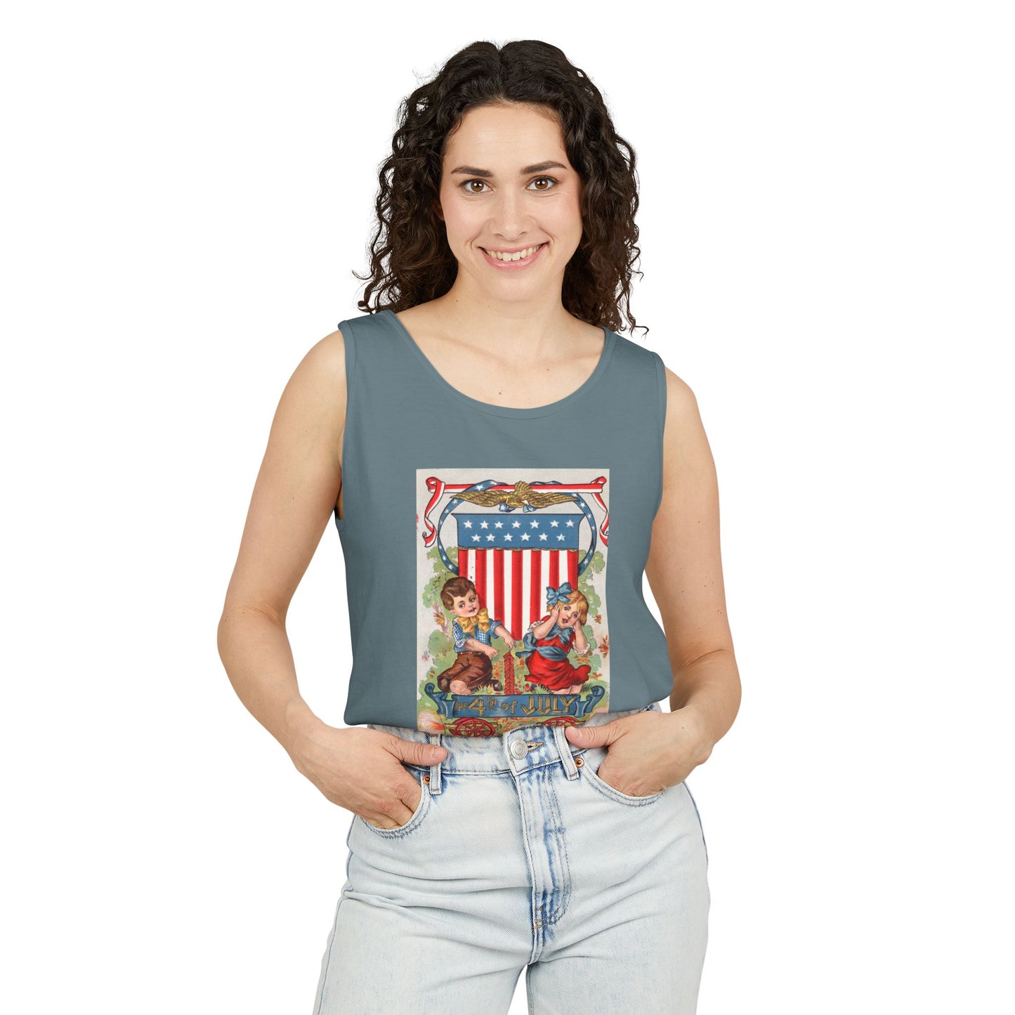1908 Fourth of July Wagon tank top size detail — Comfort Colors 9360 unisex tank — The Faded Label Co.