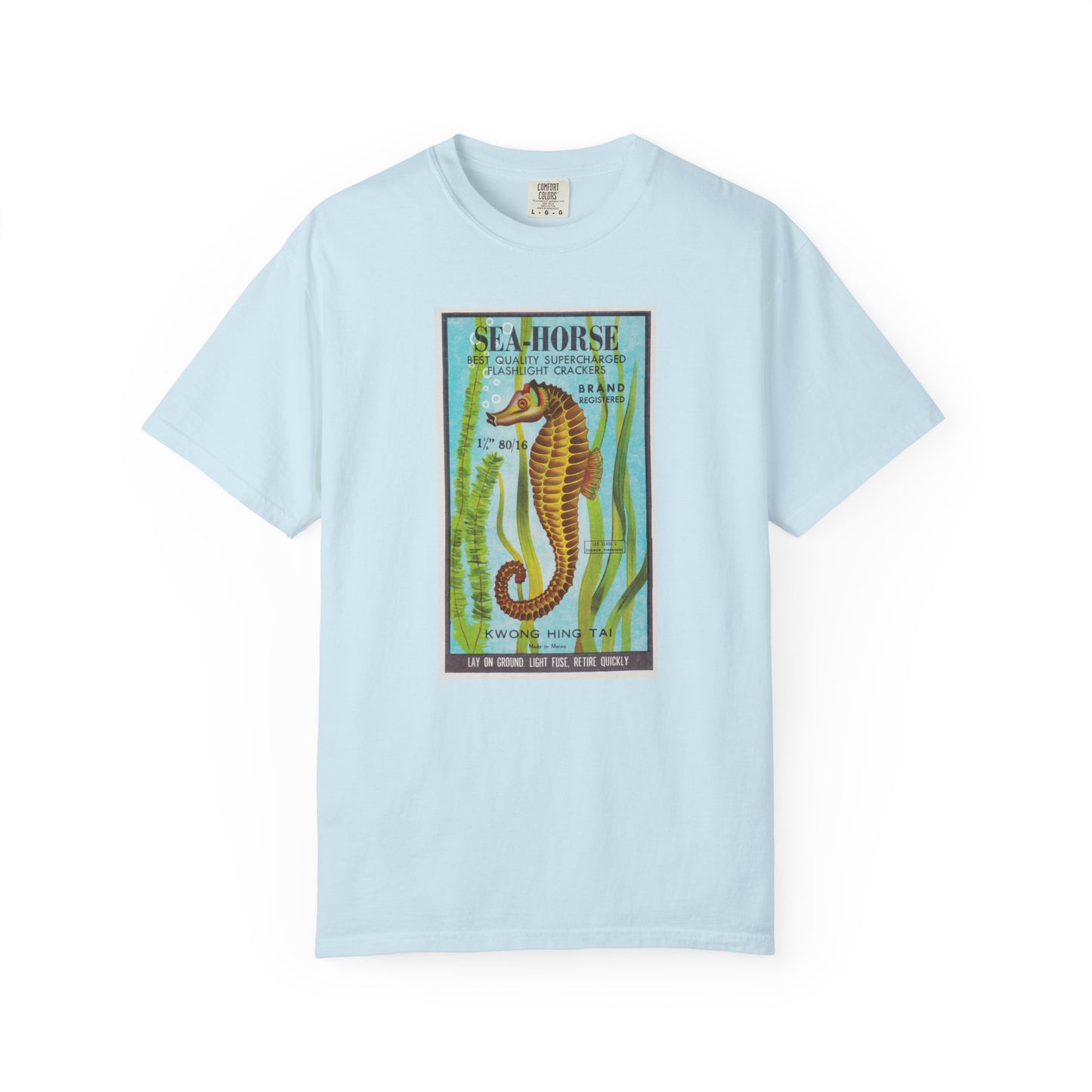 Seahorse Brand Firecrackers t-shirt Chambray — vintage mid-century fireworks graphic tee — The Faded Label Co.