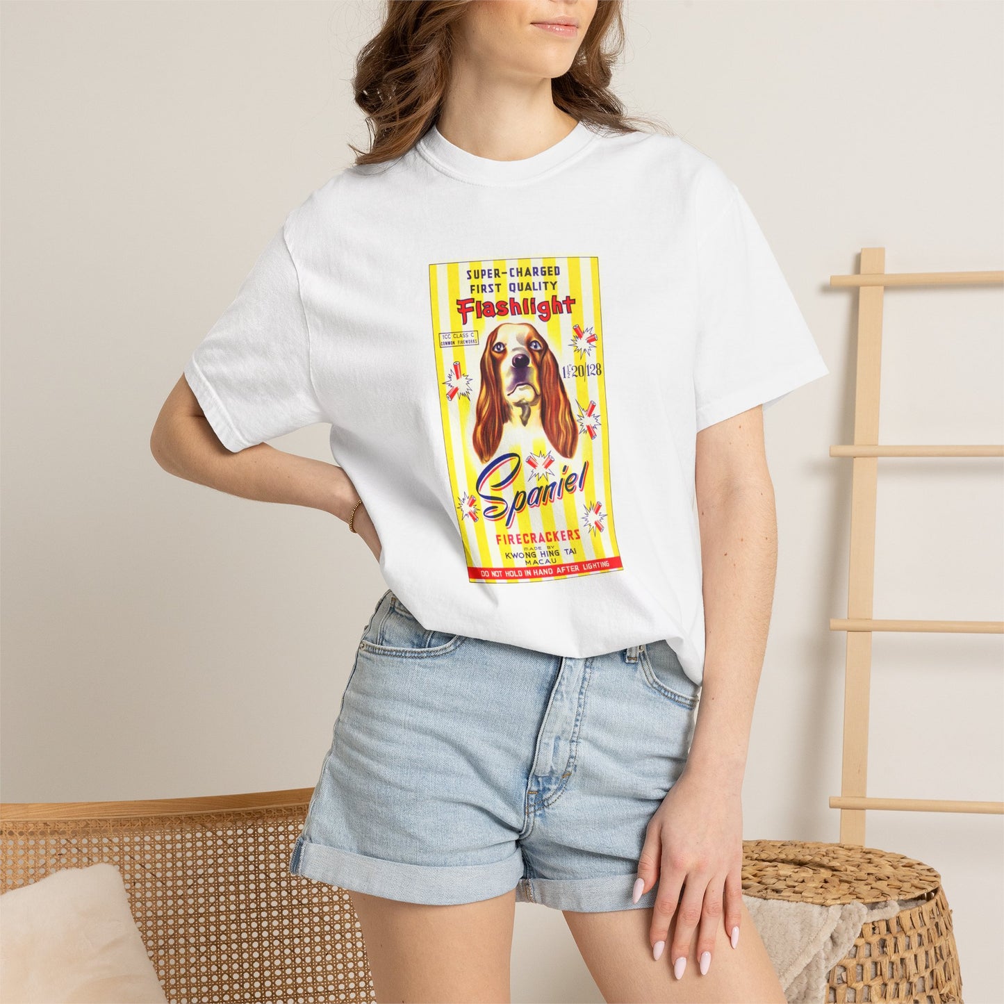 Spaniel Brand Firecrackers t-shirt design detail — spaniel vintage label close-up — The Faded Label Co.