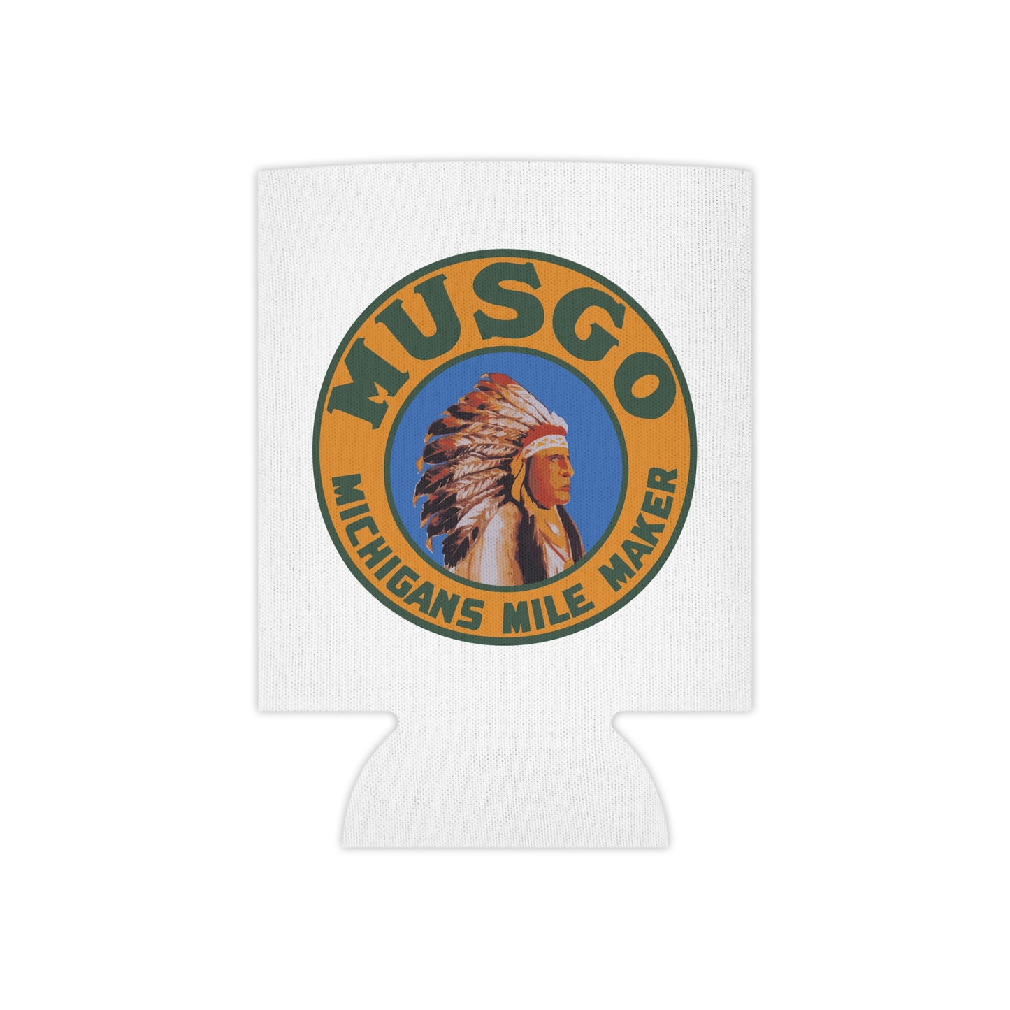 Musgo can cooler detail — vintage Michigan petroliana gift — The Faded Label Co.