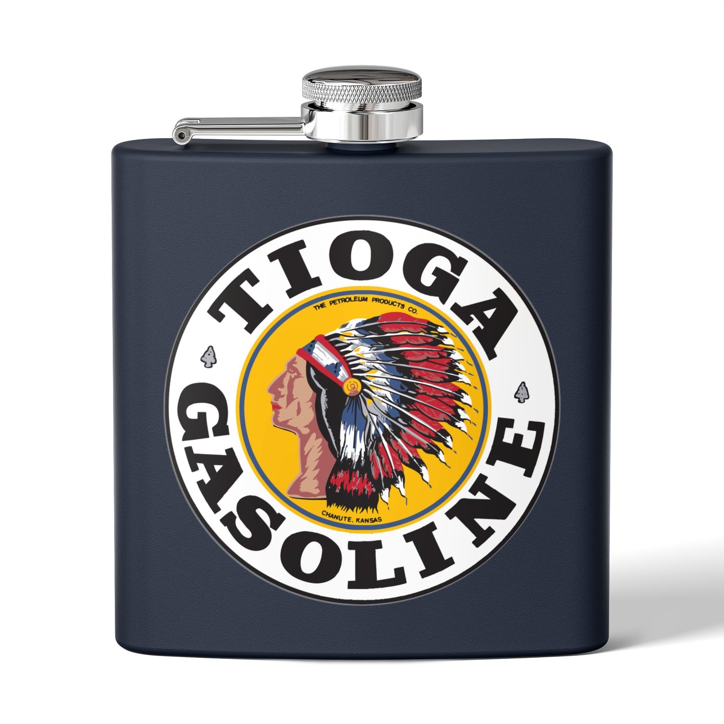 Tioga Gasoline flask lifestyle — vintage petroliana gift — The Faded Label Co.