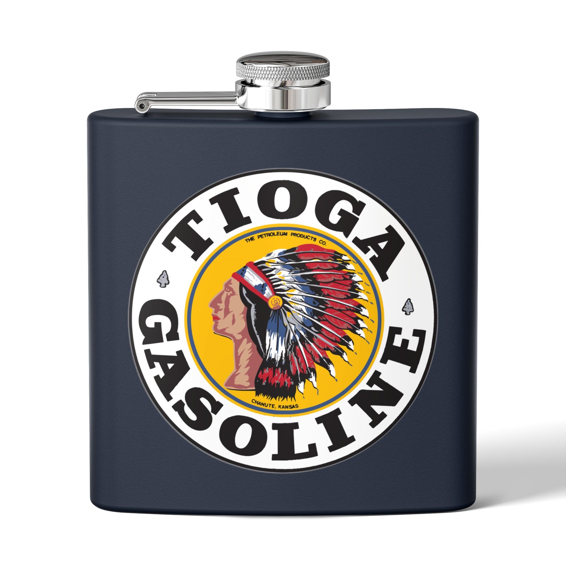 Tioga Gasoline flask lifestyle — vintage petroliana gift — The Faded Label Co.