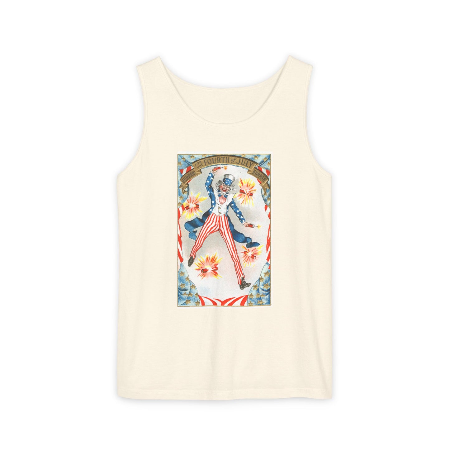 Hurrah Fourth of July Uncle Sam tank top pepper — vintage patriotic postcard art — The Faded Label Co.