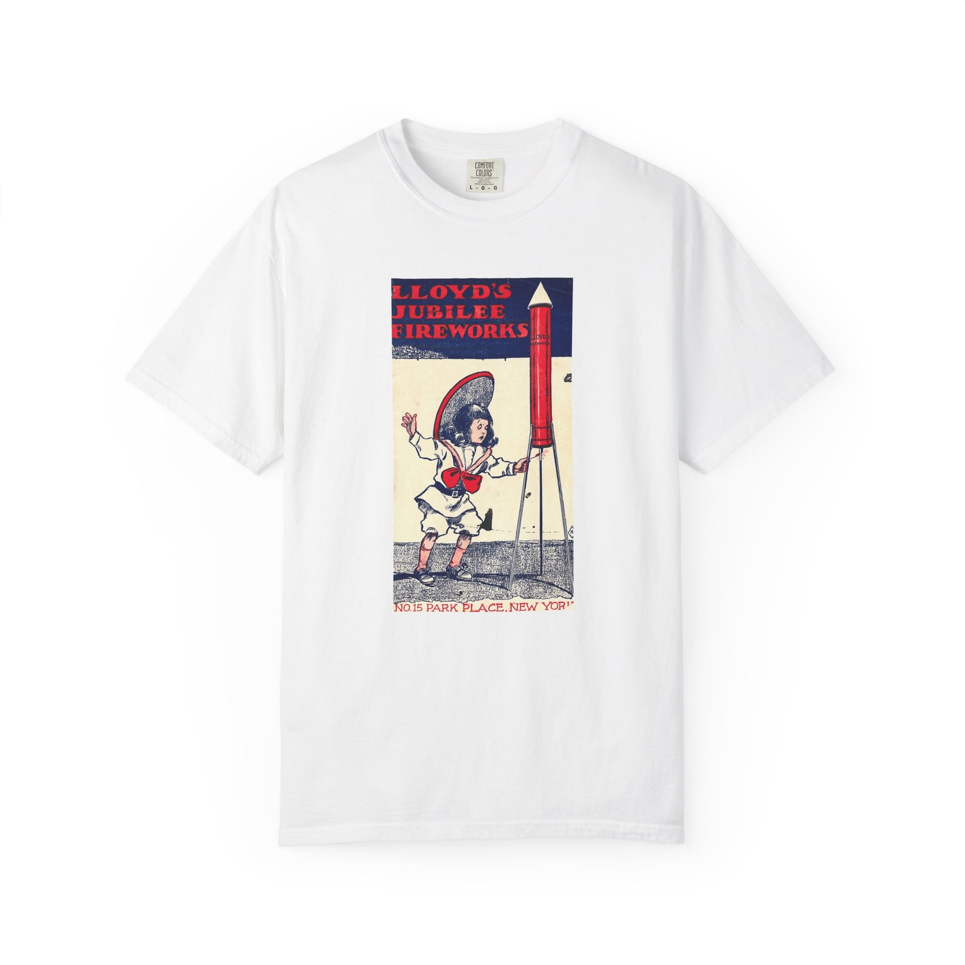Lloyd's Jubilee Firecrackers t-shirt White — vintage 4th of July fireworks label tee — The Faded Label Co.