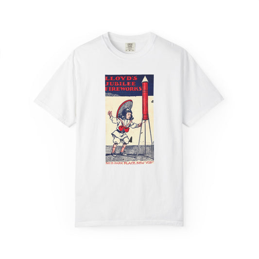 Lloyd's Jubilee Firecrackers t-shirt White — vintage 4th of July fireworks label tee — The Faded Label Co.