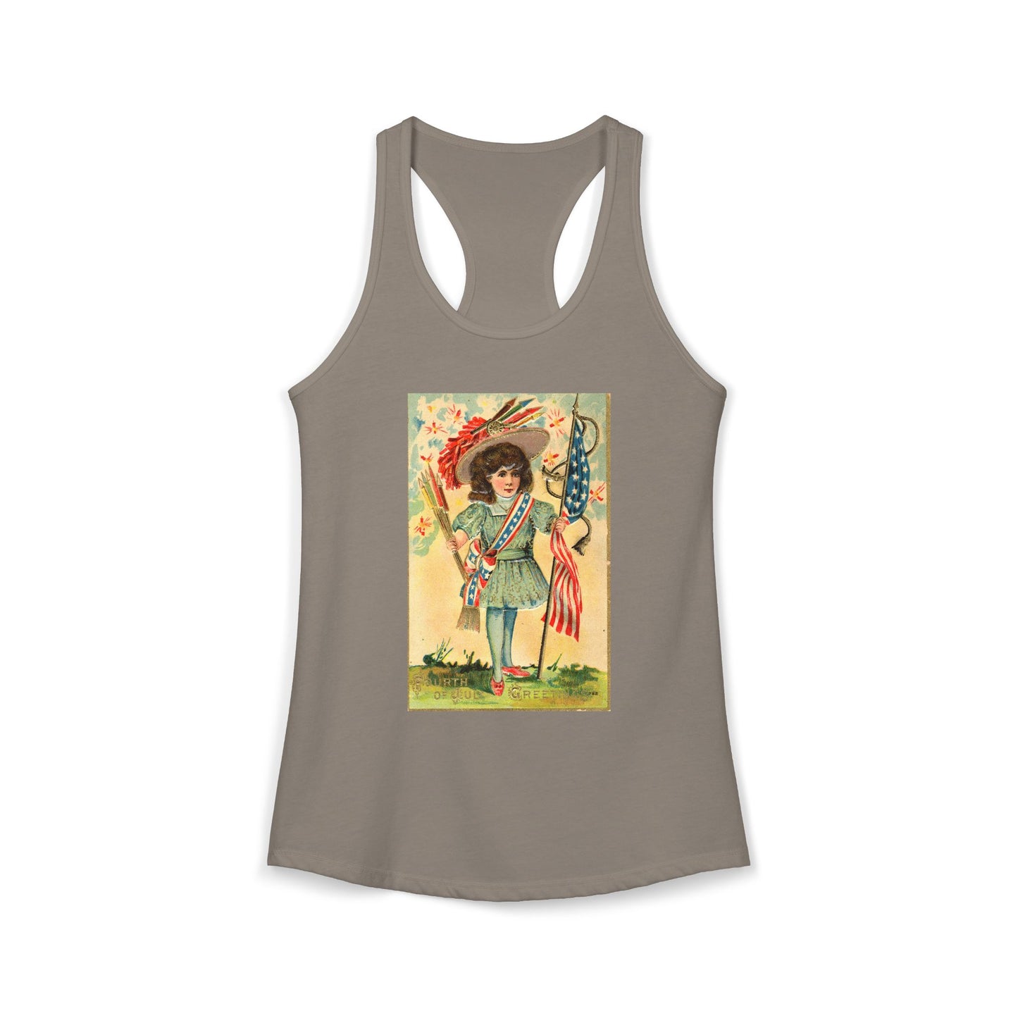 4th of July Patriotic Girl racerback tank white — vintage patriotic postcard art — The Faded Label Co.