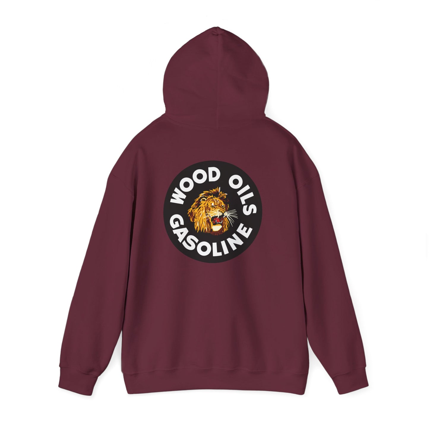 Lion Emblem Gasoline Hoodie — 'Wood Oils Gasoline' Retro Logo Sweatshirt