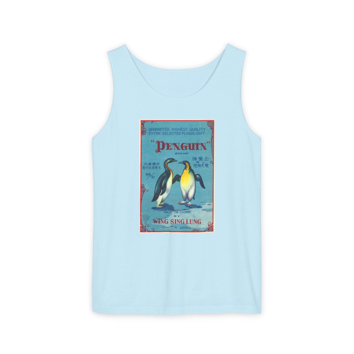 Penguin Brand Firecrackers tank top crimson — vintage firecracker label graphic — The Faded Label Co.
