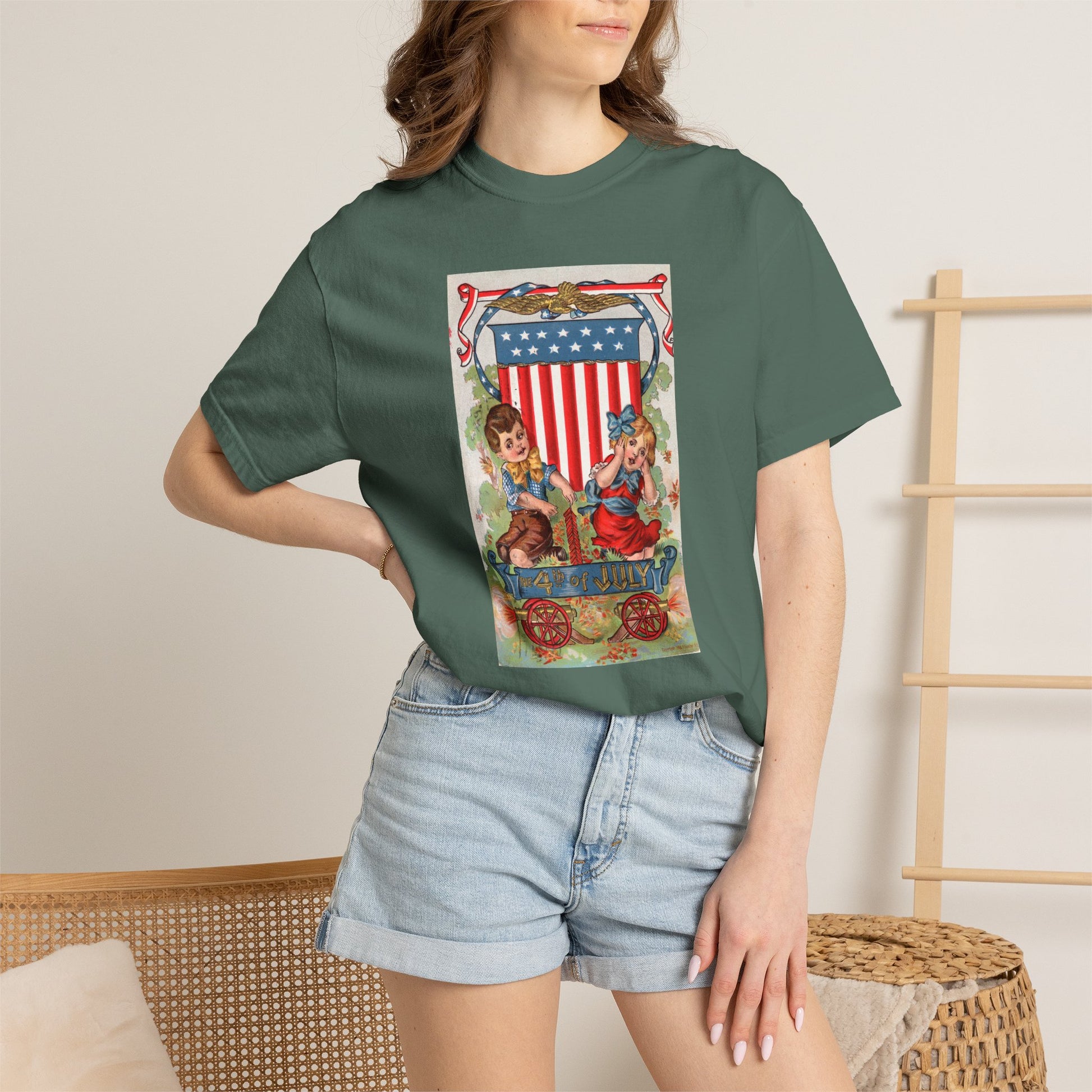 1908 Fourth of July Wagon t-shirt flat lay — Comfort Colors 1717 vintage patriotic tee — The Faded Label Co.