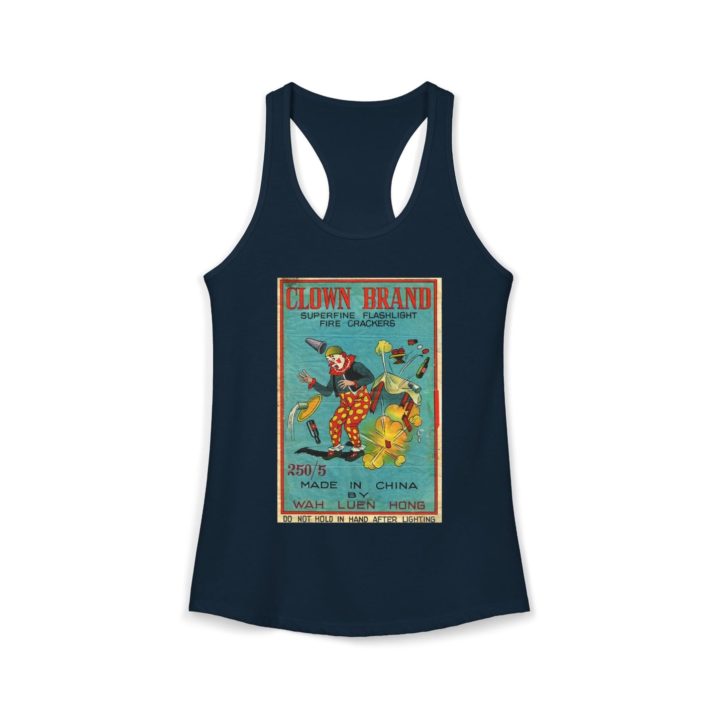 Clown Brand Firecrackers racerback tank navy — America's 250th anniversary apparel — The Faded Label Co.