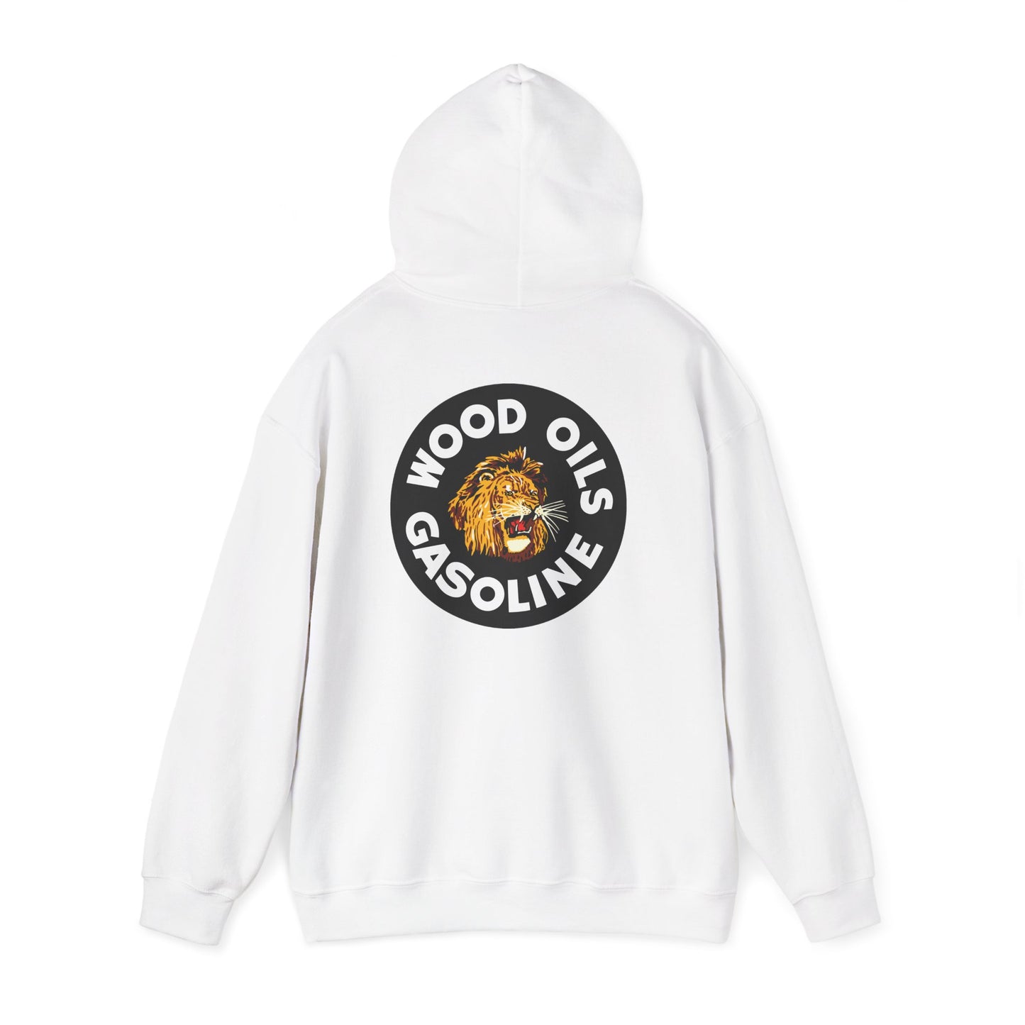 Lion Emblem Gasoline Hoodie — 'Wood Oils Gasoline' Retro Logo Sweatshirt