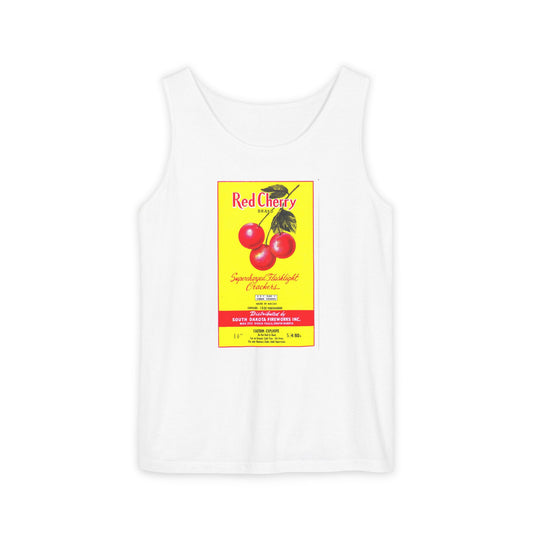 Red Cherry Brand Firecrackers unisex tank top — vintage 4th of July fireworks art — The Faded Label Co.