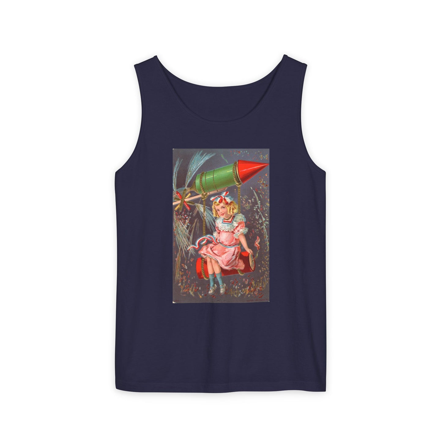 1907 Rocket Girl tank top sandstone — vintage 4th of July postcard art — The Faded Label Co.