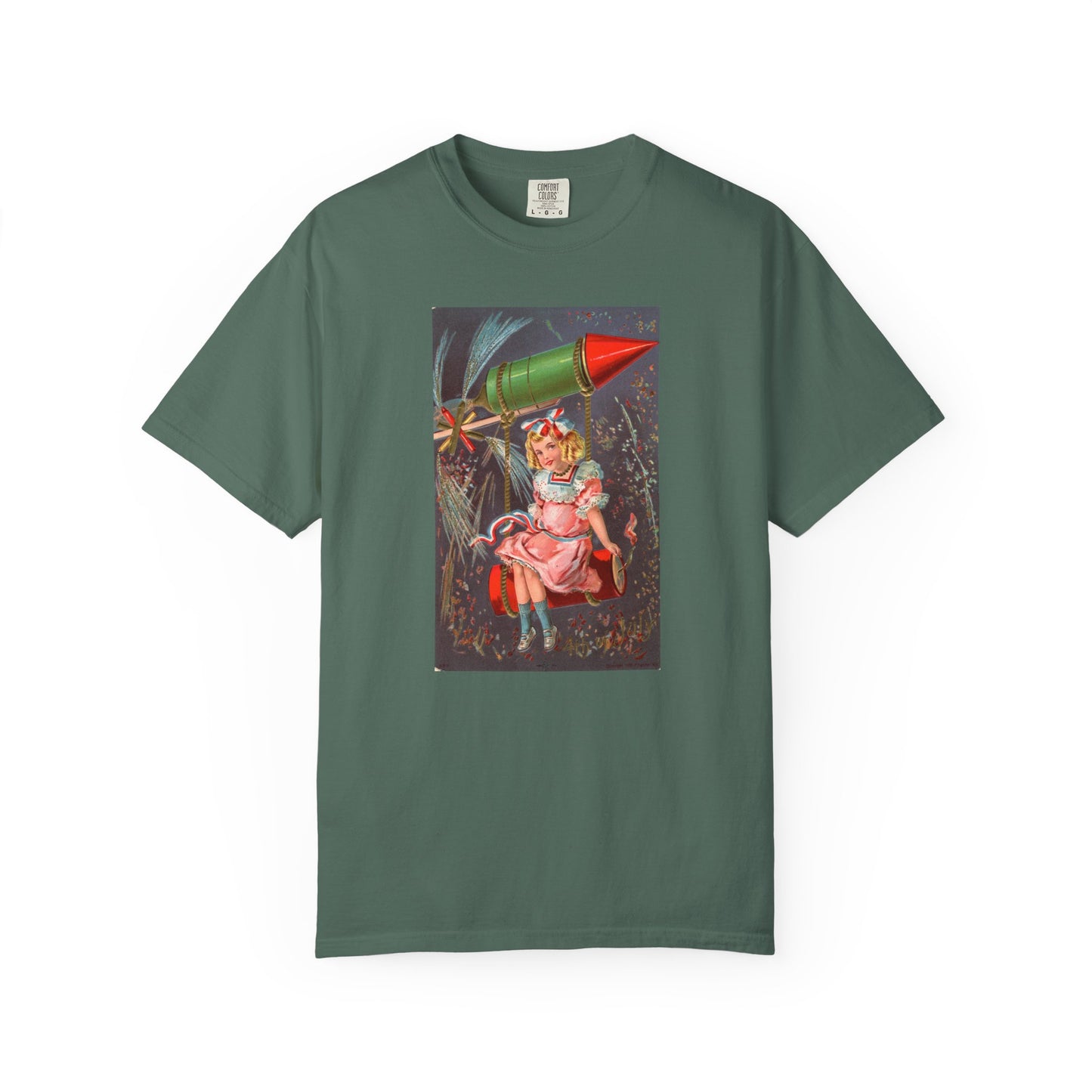 1907 Rocket Girl t-shirt chambray — vintage 4th of July postcard art — The Faded Label Co.