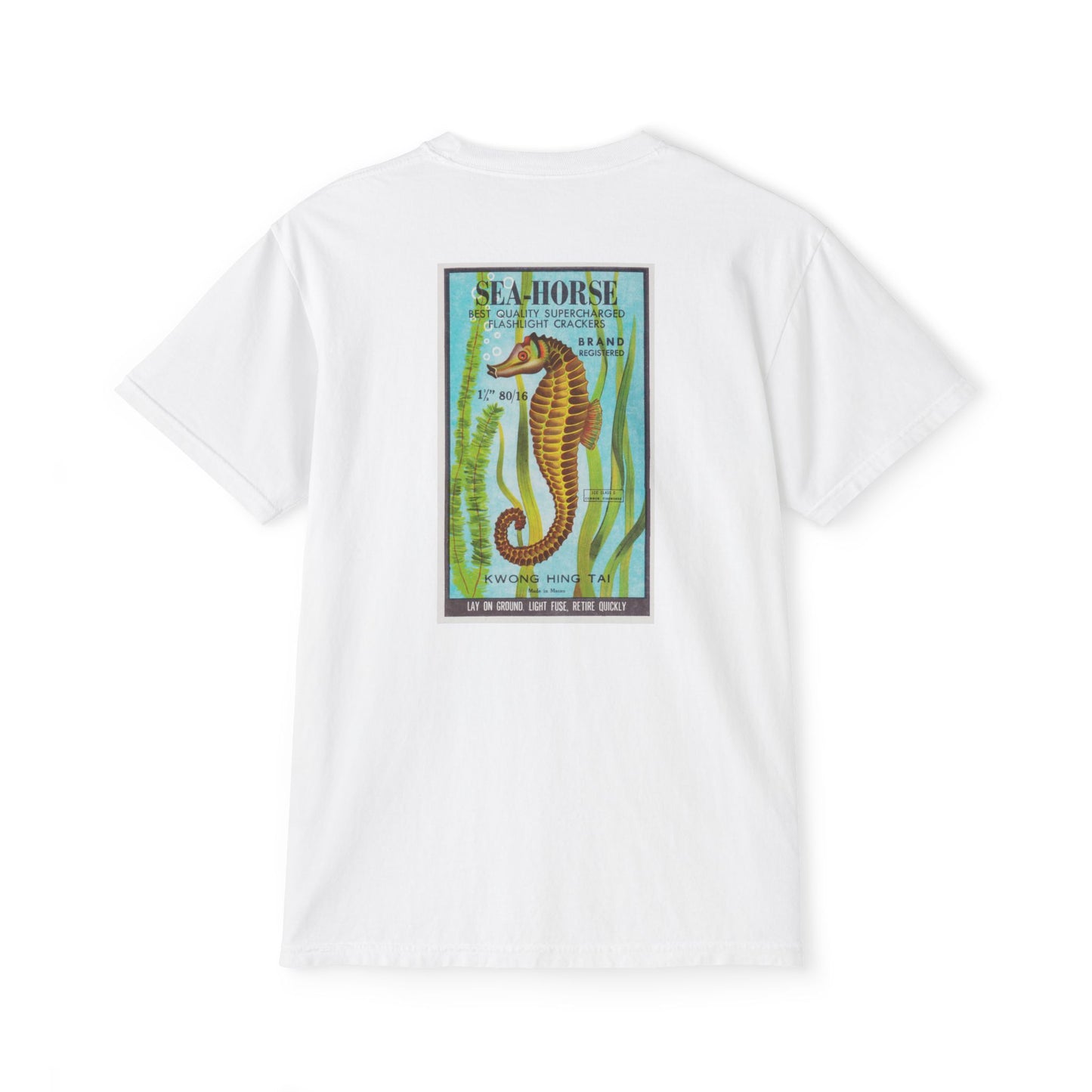Seahorse Brand Firecrackers pocket t-shirt white — person wearing front — The Faded Label Co.
