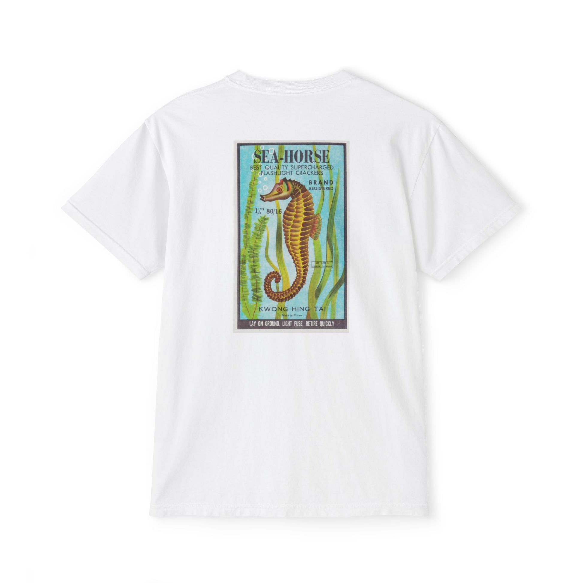 Seahorse Brand Firecrackers pocket t-shirt white — person wearing front — The Faded Label Co.