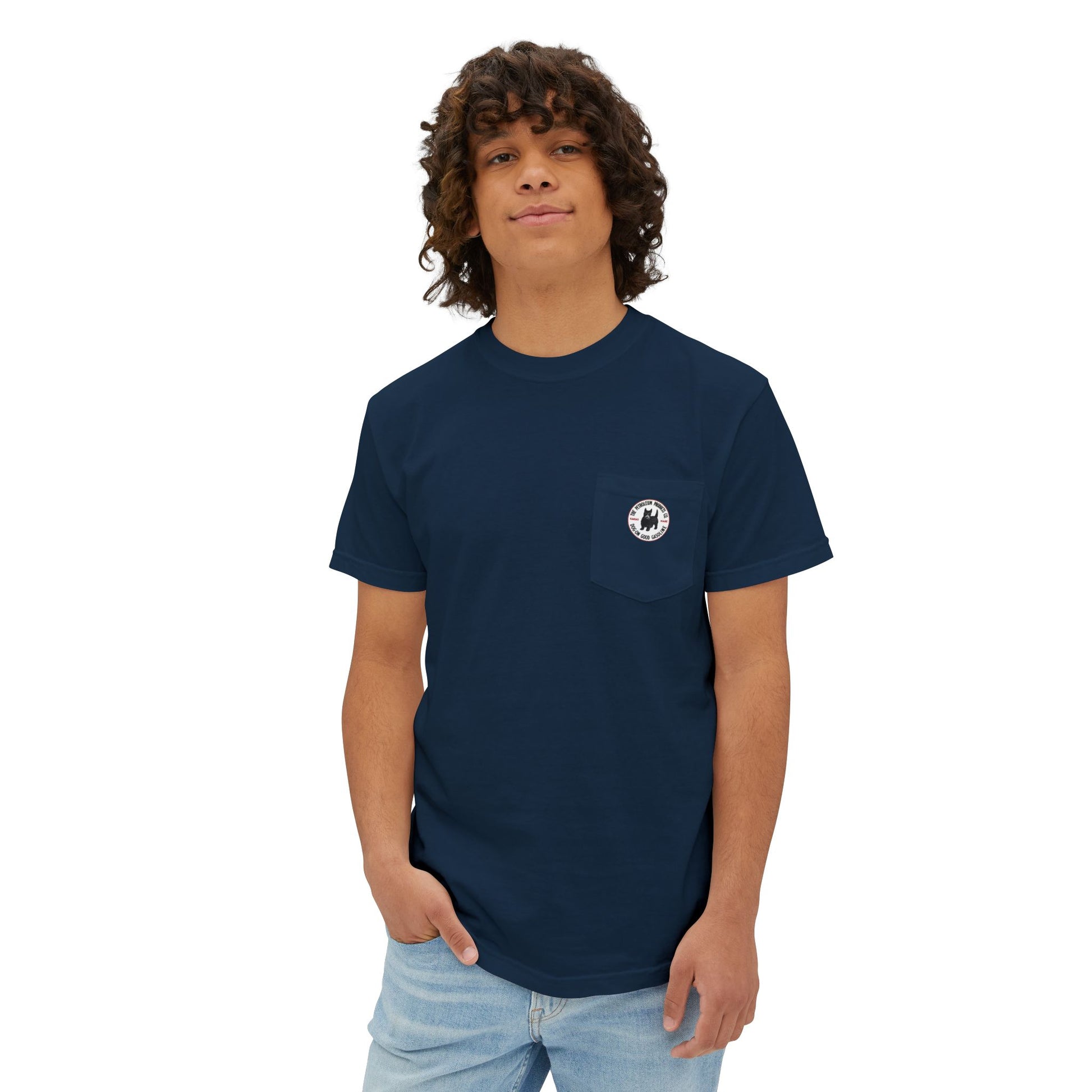 Dog-On Good Gasoline pocket tee red — Kansas petroleum brand apparel — The Faded Label Co.