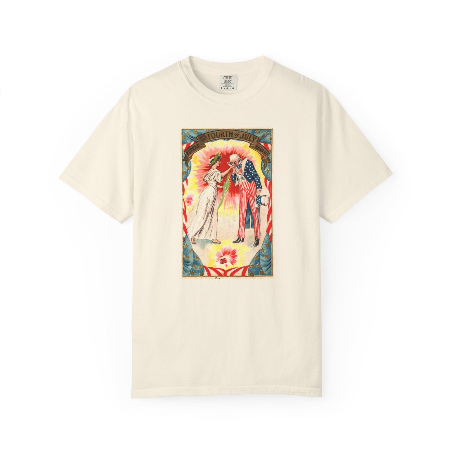 Uncle Sam and Columbia t-shirt blue jean — vintage Fourth of July postcard art — The Faded Label Co.