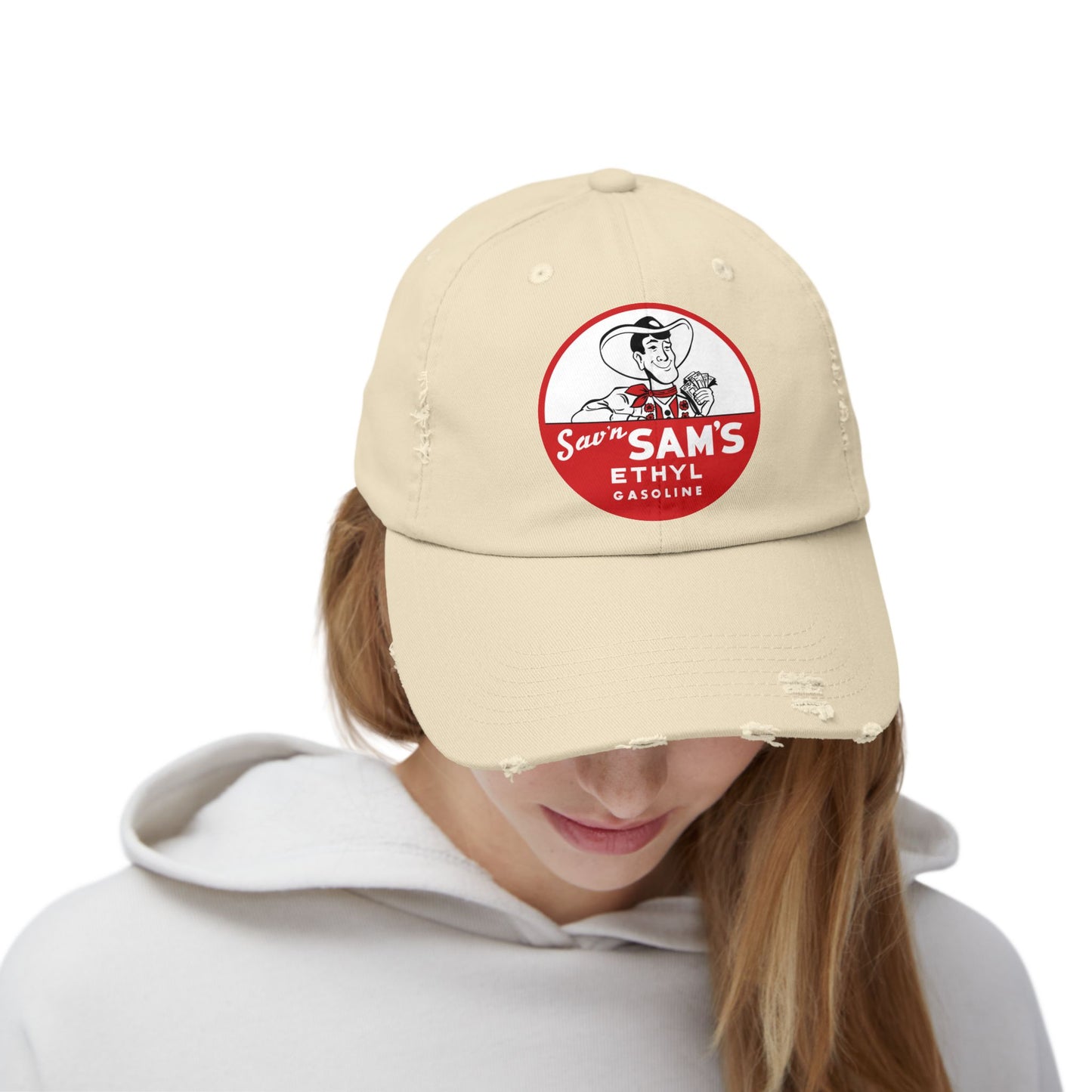 sams ethyl Distressed Gasoline Logo Cap — "Sam's Ethyl" Vintage Trucker Hat