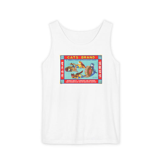 Cat Brand Firecrackers unisex tank top — vintage 4th of July fireworks art — The Faded Label Co.