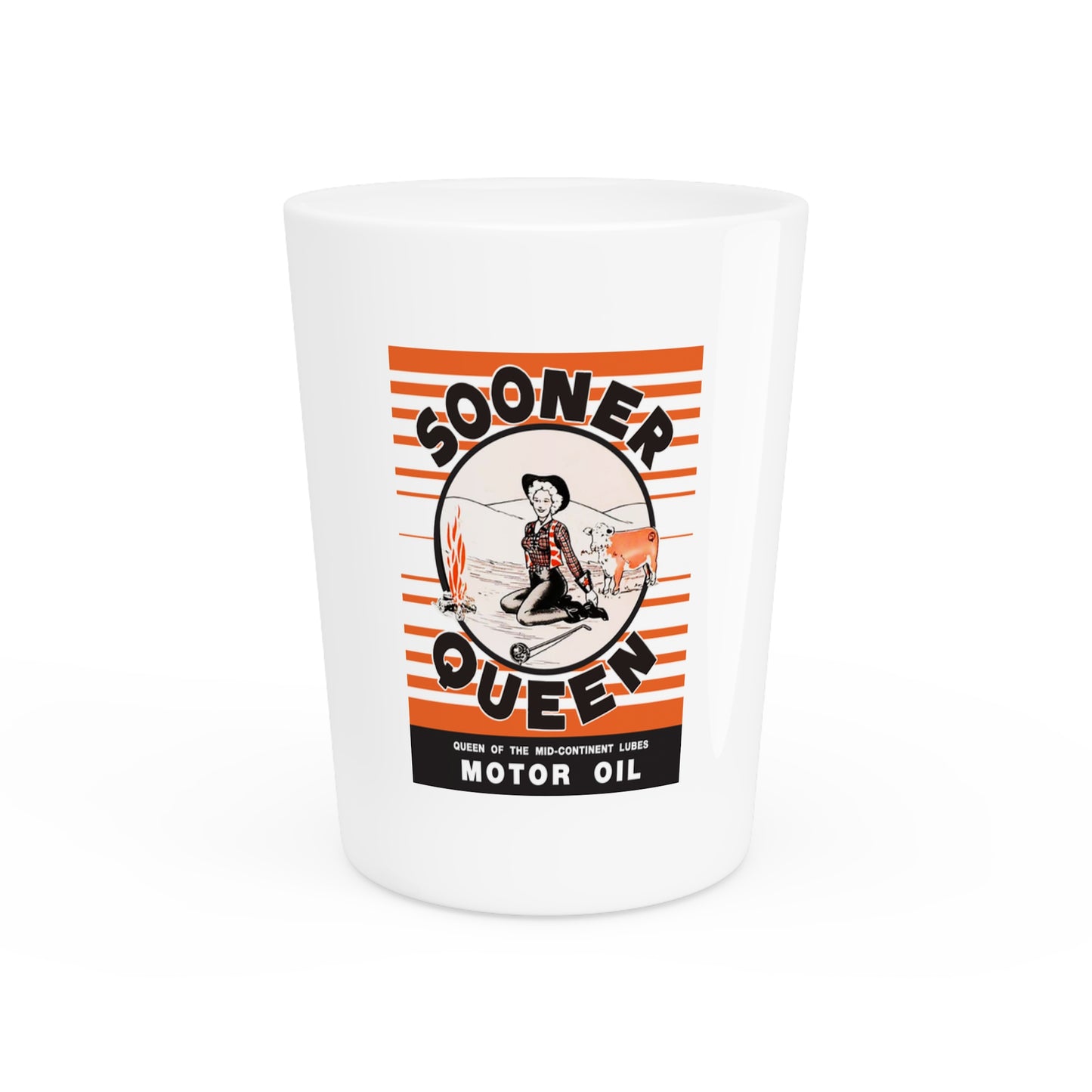 Sooner Queen Motor Oil shot glass — vintage Oklahoma petroliana barware — The Faded Label Co.