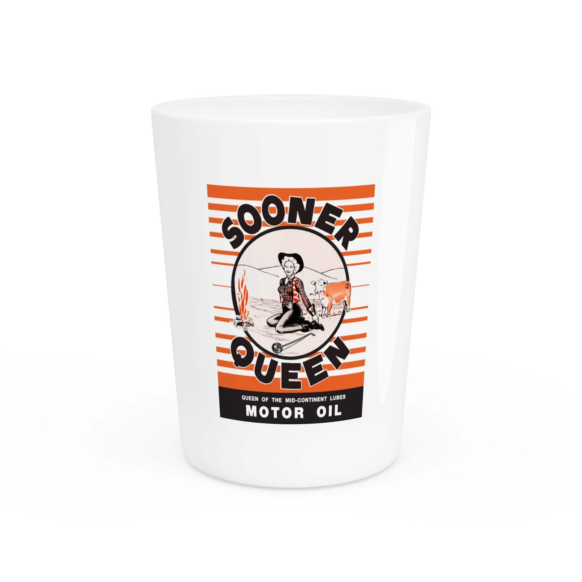 Sooner Queen Motor Oil shot glass — vintage Oklahoma petroliana barware — The Faded Label Co.