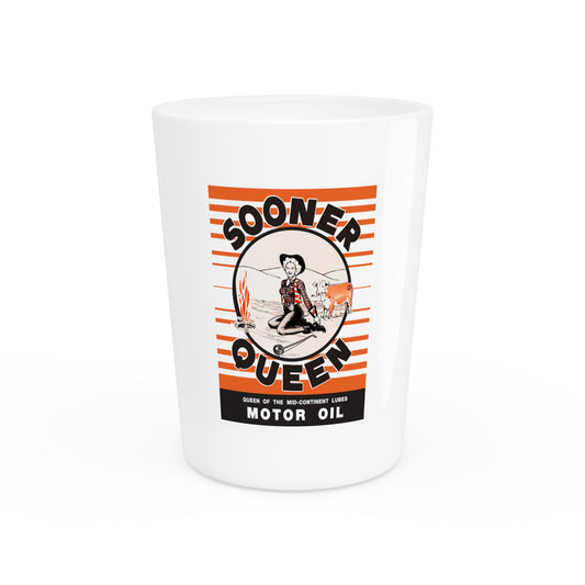 Sooner Queen Motor Oil shot glass — vintage Oklahoma petroliana barware — The Faded Label Co.
