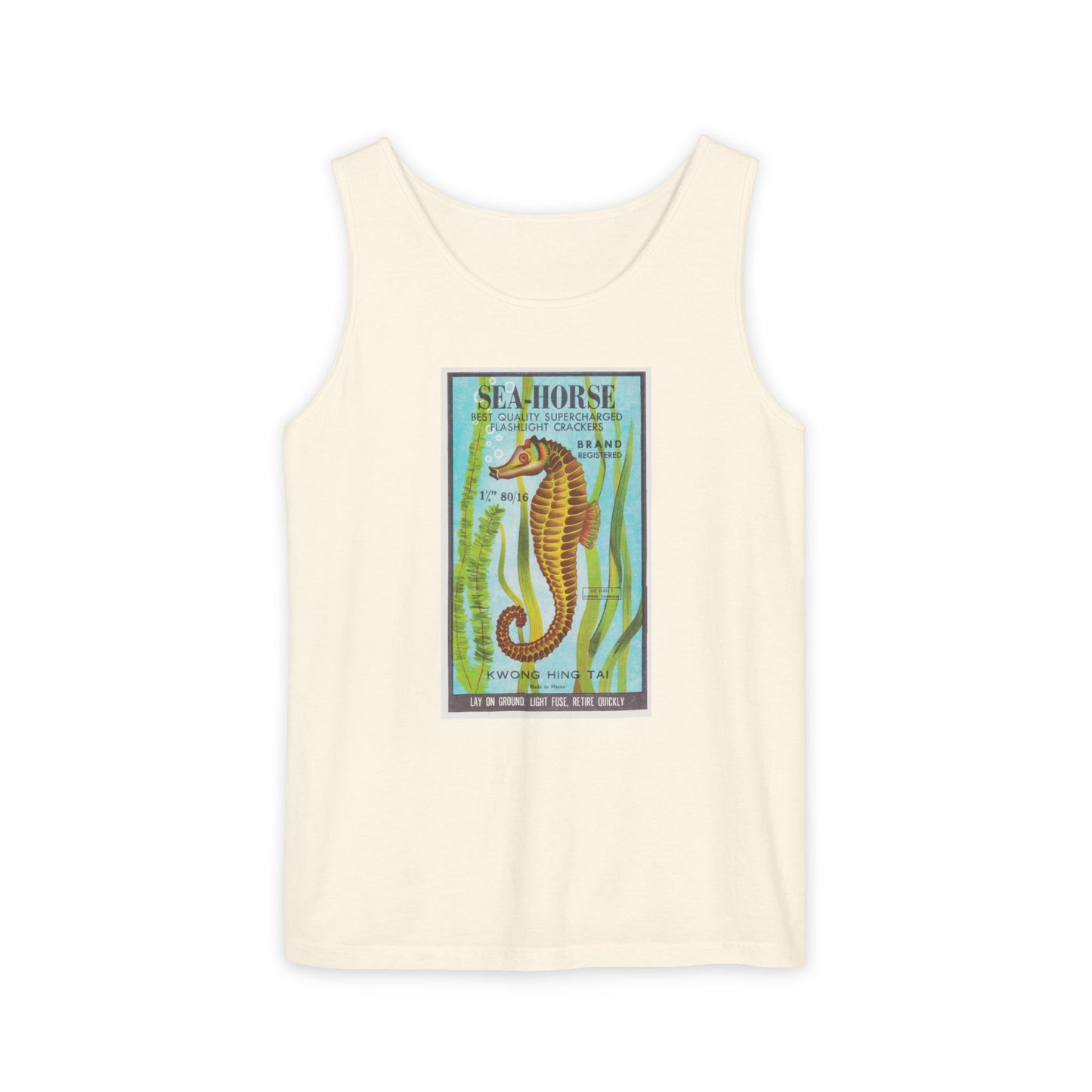 Seahorse Brand Firecrackers tank top white — vintage fireworks label art — The Faded Label Co.