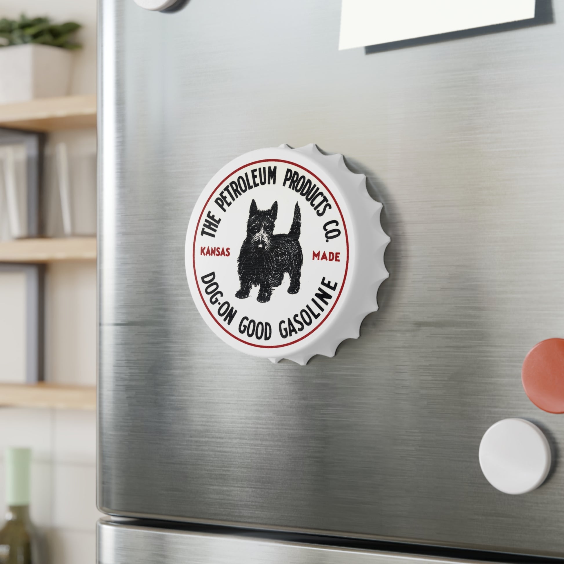 Dog-On Good Gasoline bottle opener detail — magnetic wall mount — The Faded Label Co.