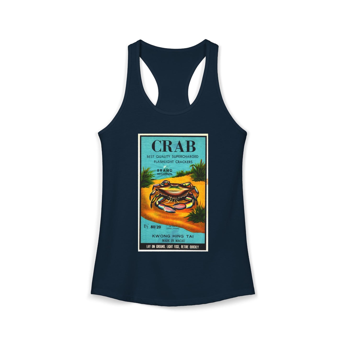 Crab Brand Firecrackers racerback tank navy — America's 250th anniversary apparel — The Faded Label Co.