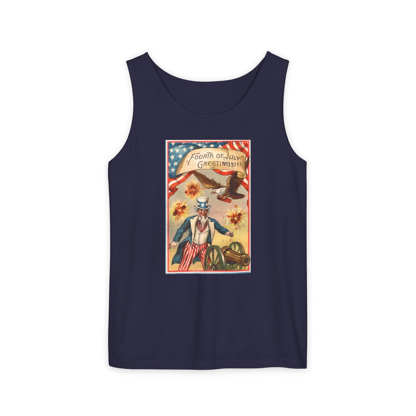 Fourth of July Greetings Uncle Sam tank top pepper — vintage patriotic postcard art — The Faded Label Co.