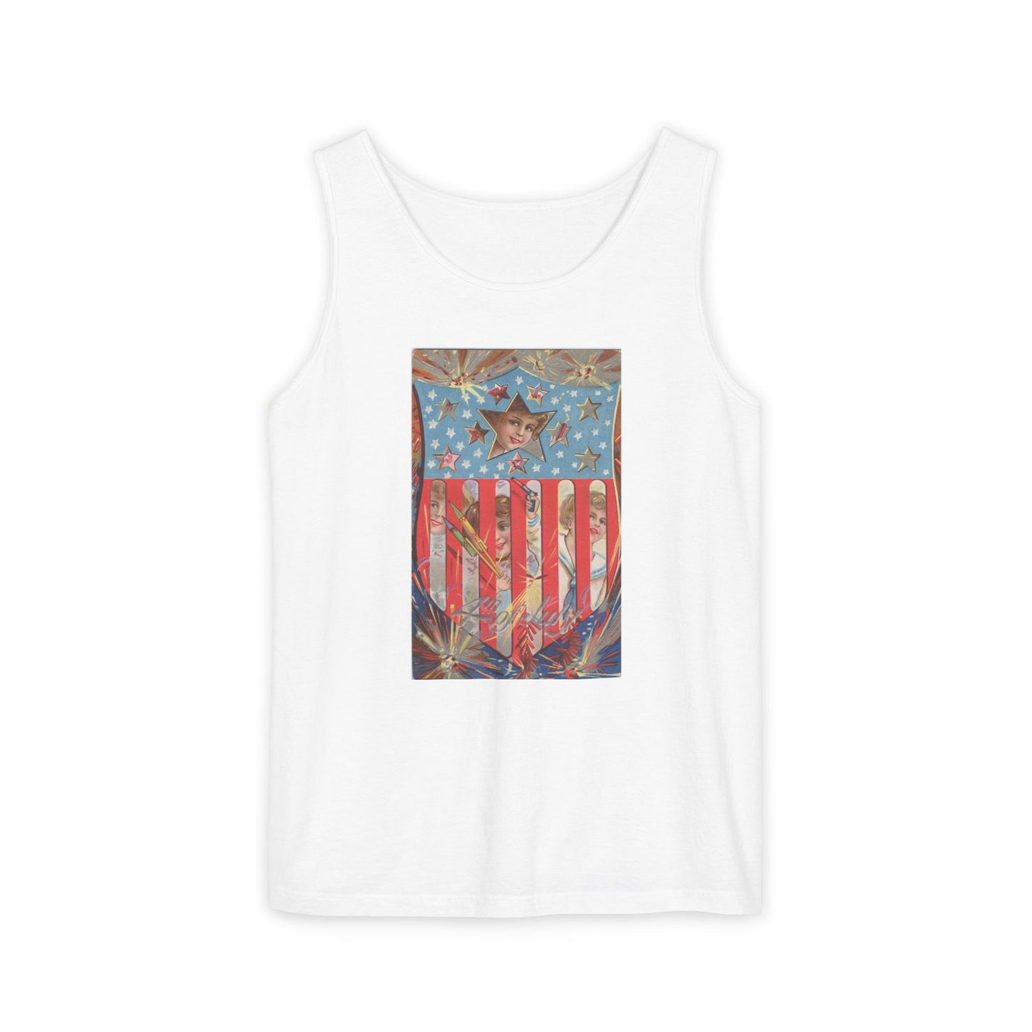 4th of July Shield Girls tank top chambray — vintage embossed patriotic postcard art — The Faded Label Co.