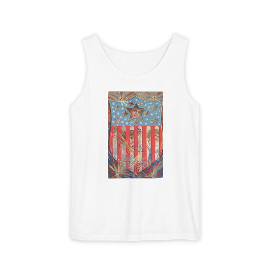 4th of July Shield Girls tank top chambray — vintage embossed patriotic postcard art — The Faded Label Co.