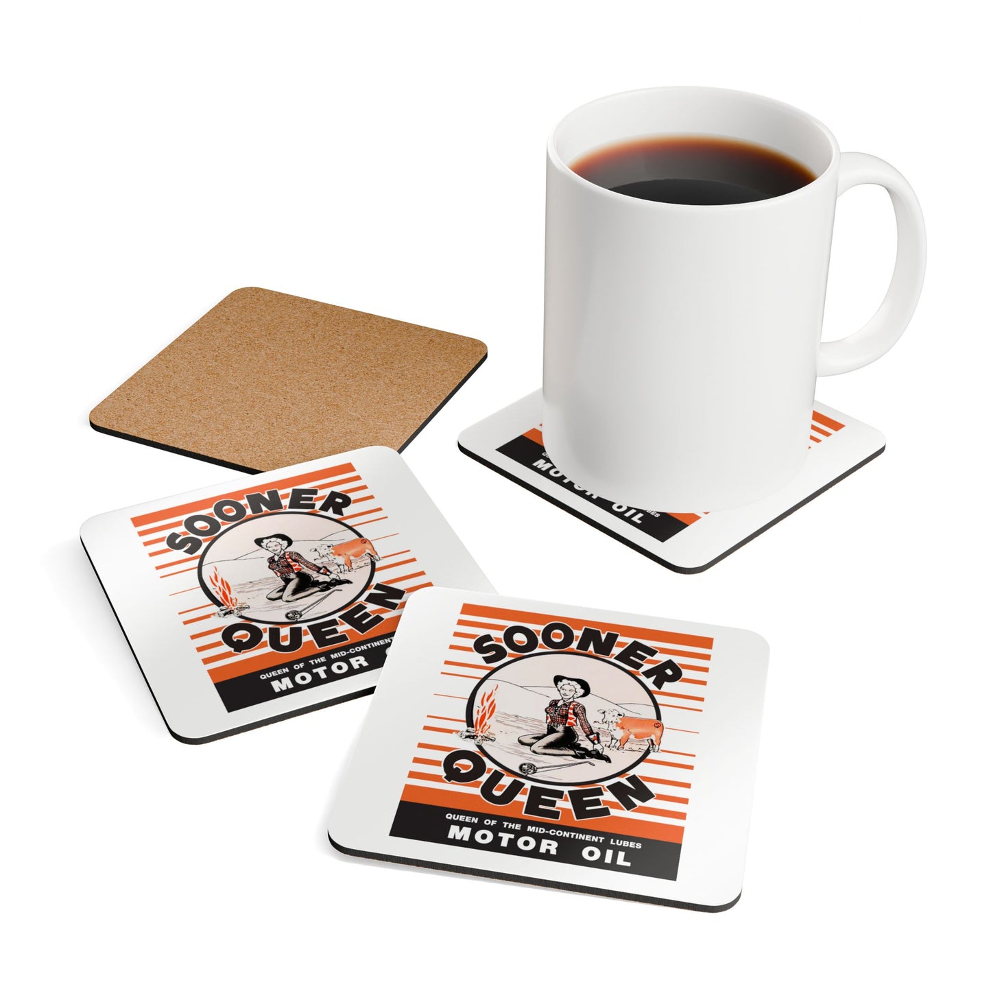 Sooner Queen Corkwood Coaster Set — Retro Western Motor Oil Design (4-Pack)