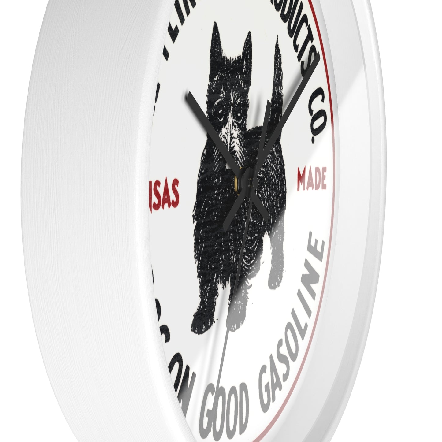 Dog-On Good Gasoline wall clock wooden base white hands — vintage petroliana decor — The Faded Label Co.
