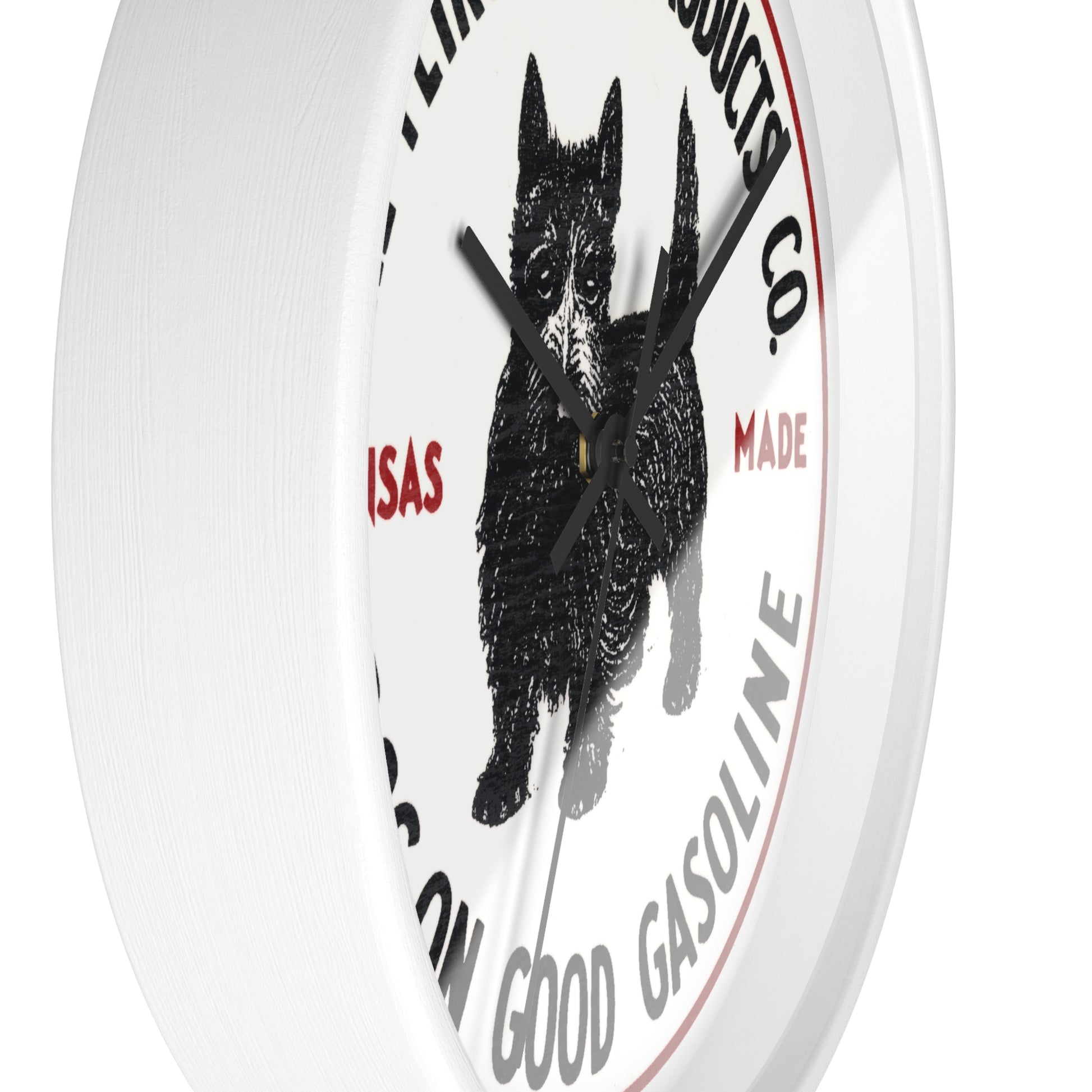 Dog-On Good Gasoline wall clock wooden base white hands — vintage petroliana decor — The Faded Label Co.