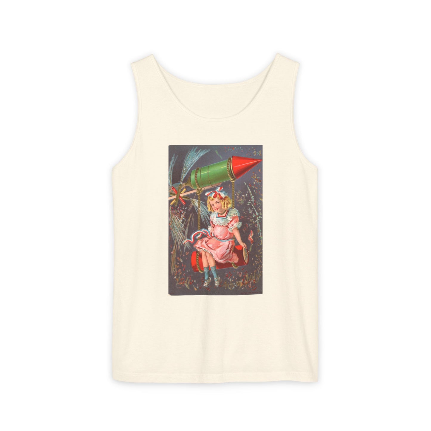 1907 Rocket Girl tank top blue jean — vintage 4th of July postcard art — The Faded Label Co.