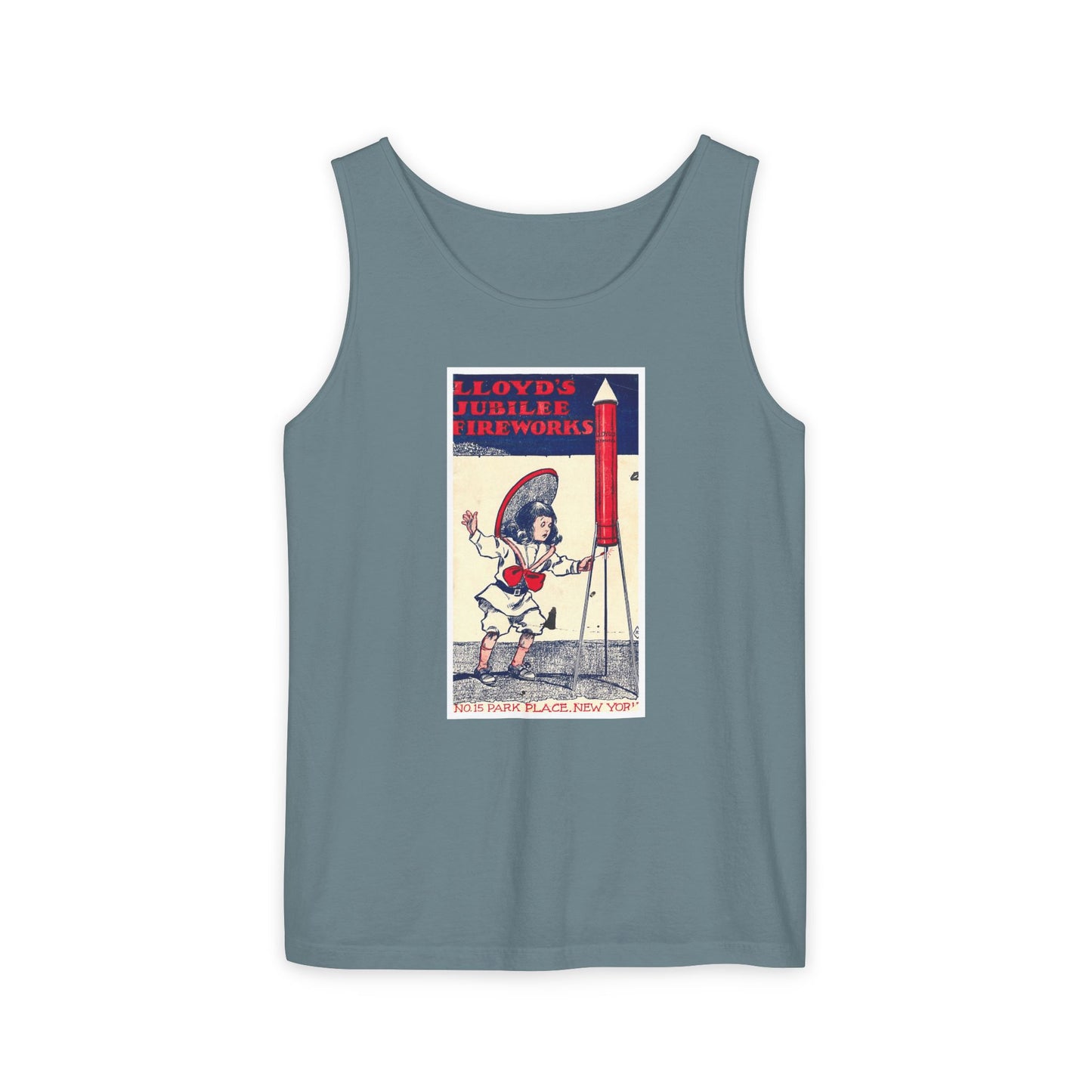 Lloyd's Jubilee Firecrackers tank top detail — mid-century fireworks packaging art — The Faded Label Co.