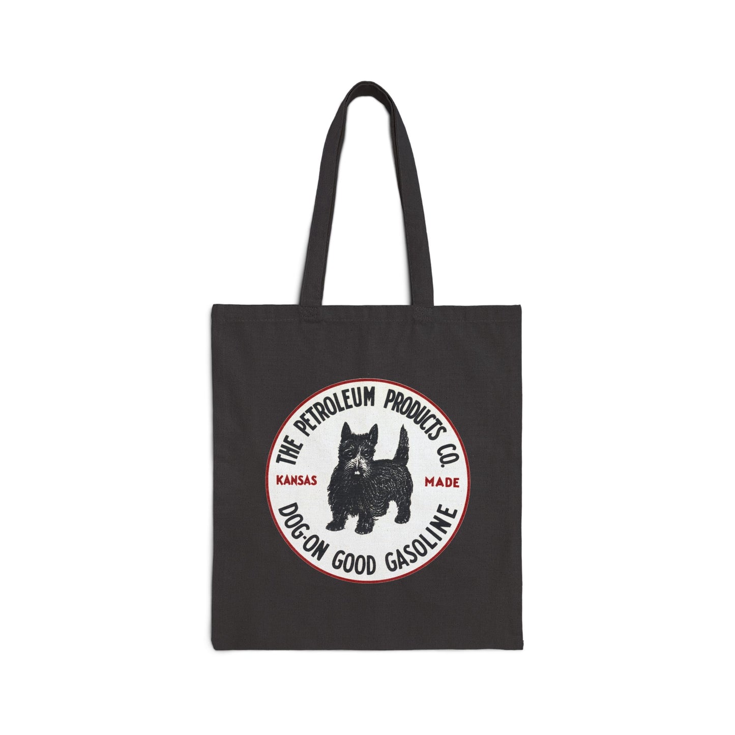 Dog-On Good Gasoline canvas tote bag black — vintage Kansas petroliana — The Faded Label Co.