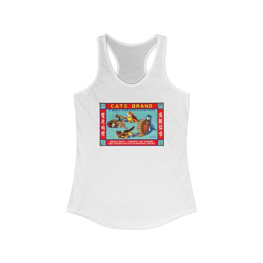 Cat Brand Firecrackers women's racerback tank top — vintage 4th of July fireworks art — The Faded Label Co.