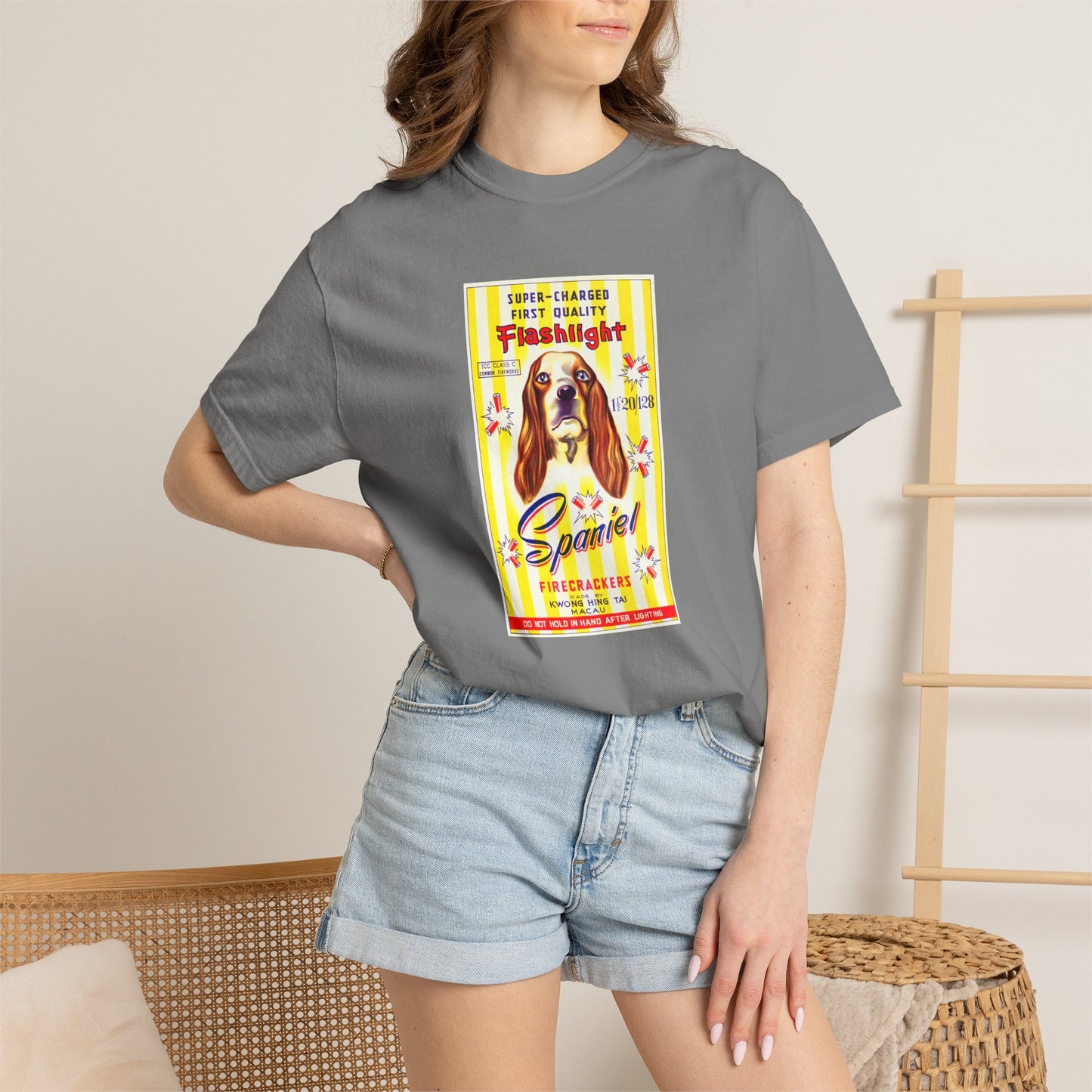 Spaniel Brand Firecrackers t-shirt Brick — vintage spaniel fireworks garment-dyed tee — The Faded Label Co.